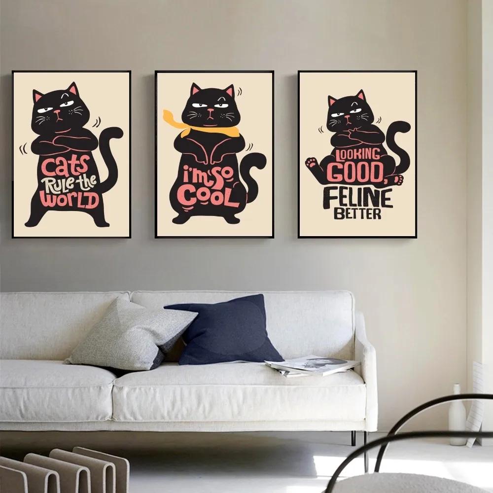 1PC Black Funny Cats Rule The World Print Poster Paper Waterproof HD Sticker Bedroom Entrance Home Living Room Bar Wall Decor