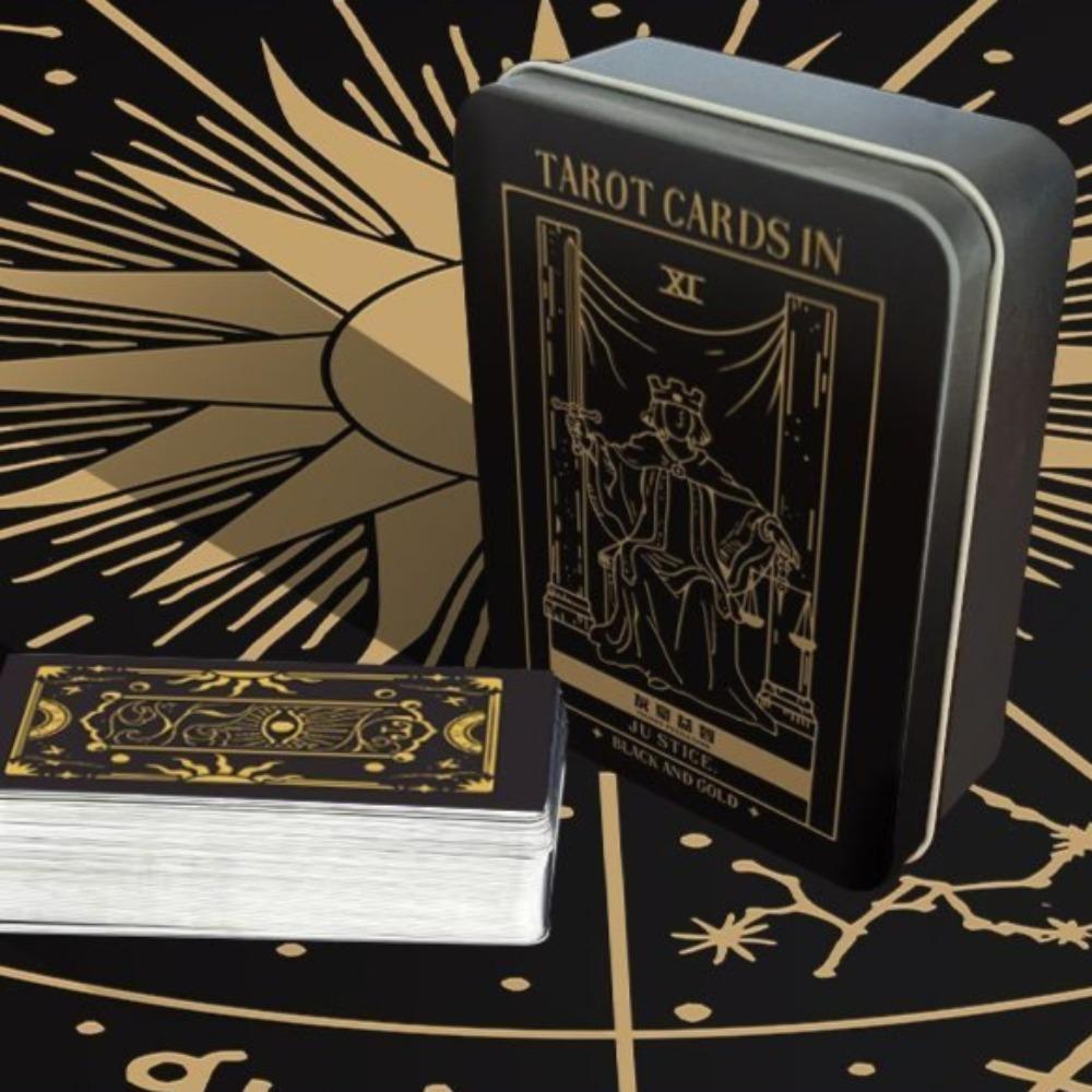 Mystic Noir Elegant Black & Gold Tarot Deck 10*6cm, Full 78-Card Set in Metal Tin, Travel-Size Deck for Wisdom and Guidance
