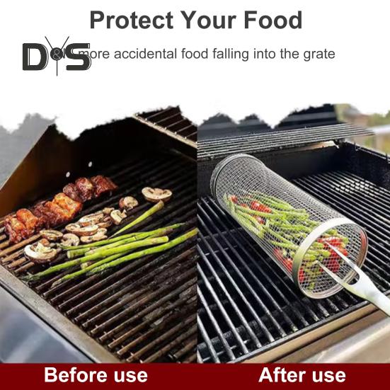 Rollbarer Grillkorb aus Edelstahl, antihaftbeschichtet, tragbar, für den Außenbereich, Camping, Grillrost für Gemüse, Fleisch, Fisch, Pommes Frites