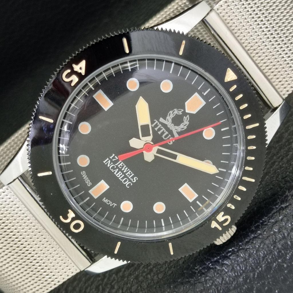 

MENS 40MM SWISS HAND-WINDING TITUS TURNABLE BEZEL BLACK DIAL WATCH a431325-2 R106-a431325