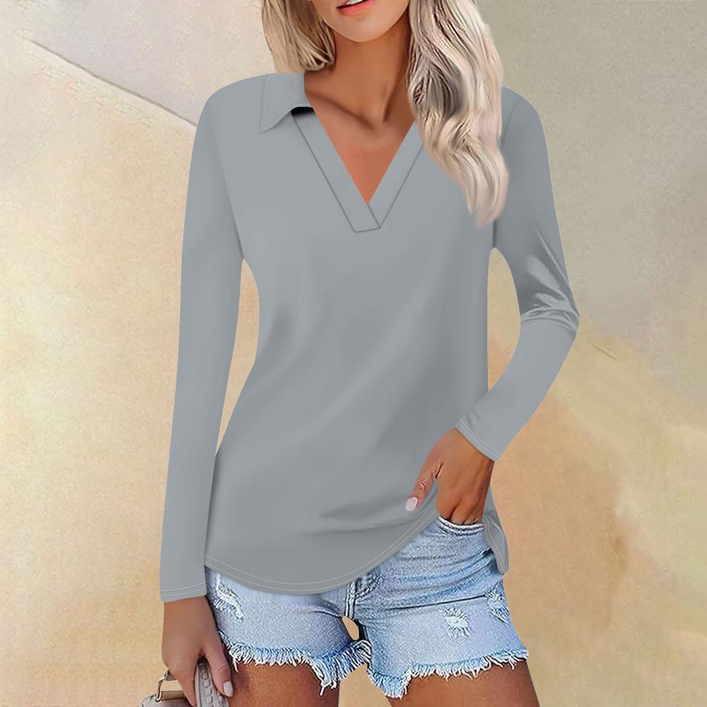 Women's Summer Fashion Casual Solid Color Printed V-Neck Long Sleeve Shirt Top