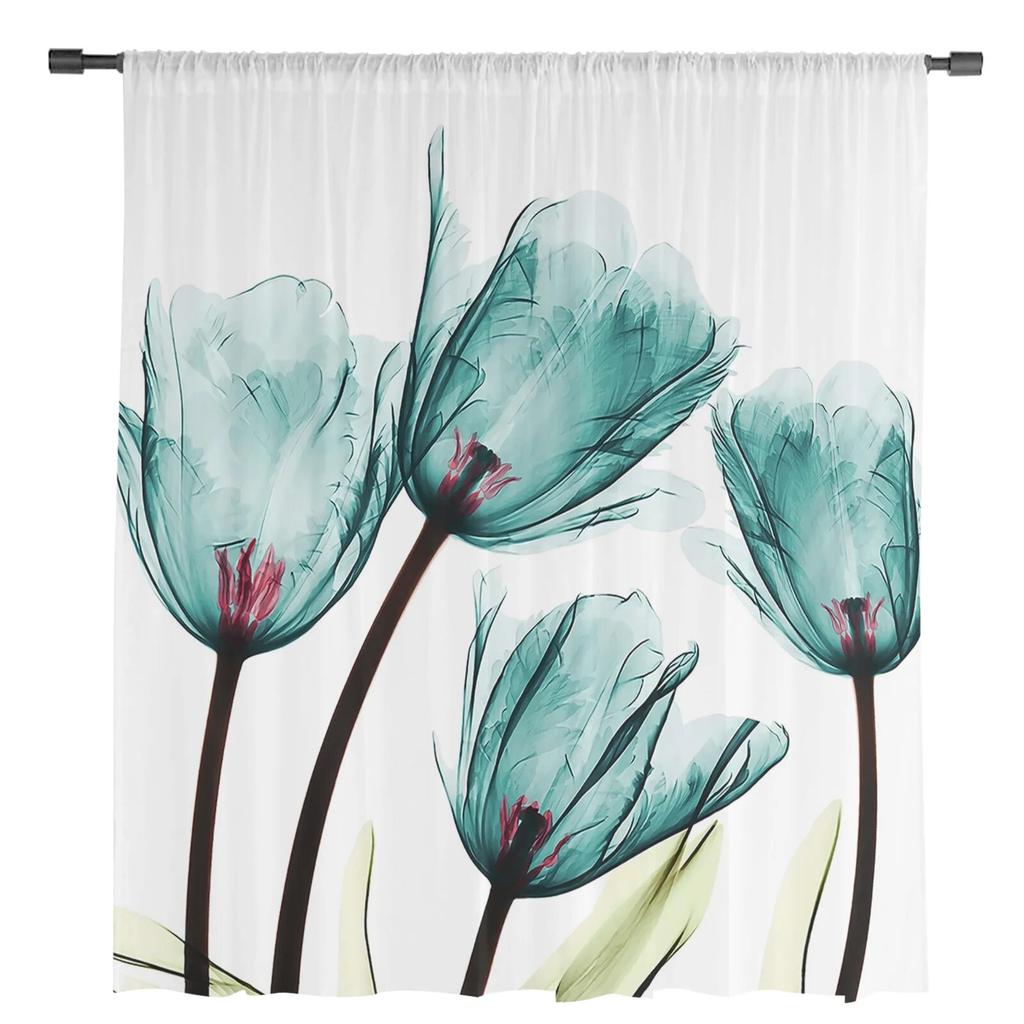 Pastorale Tulpe Blume Teal Grün Tüll Vorhänge für Wohnzimmer Chiffon Voile Sheer Fenster Vorhang für Schlafzimmer