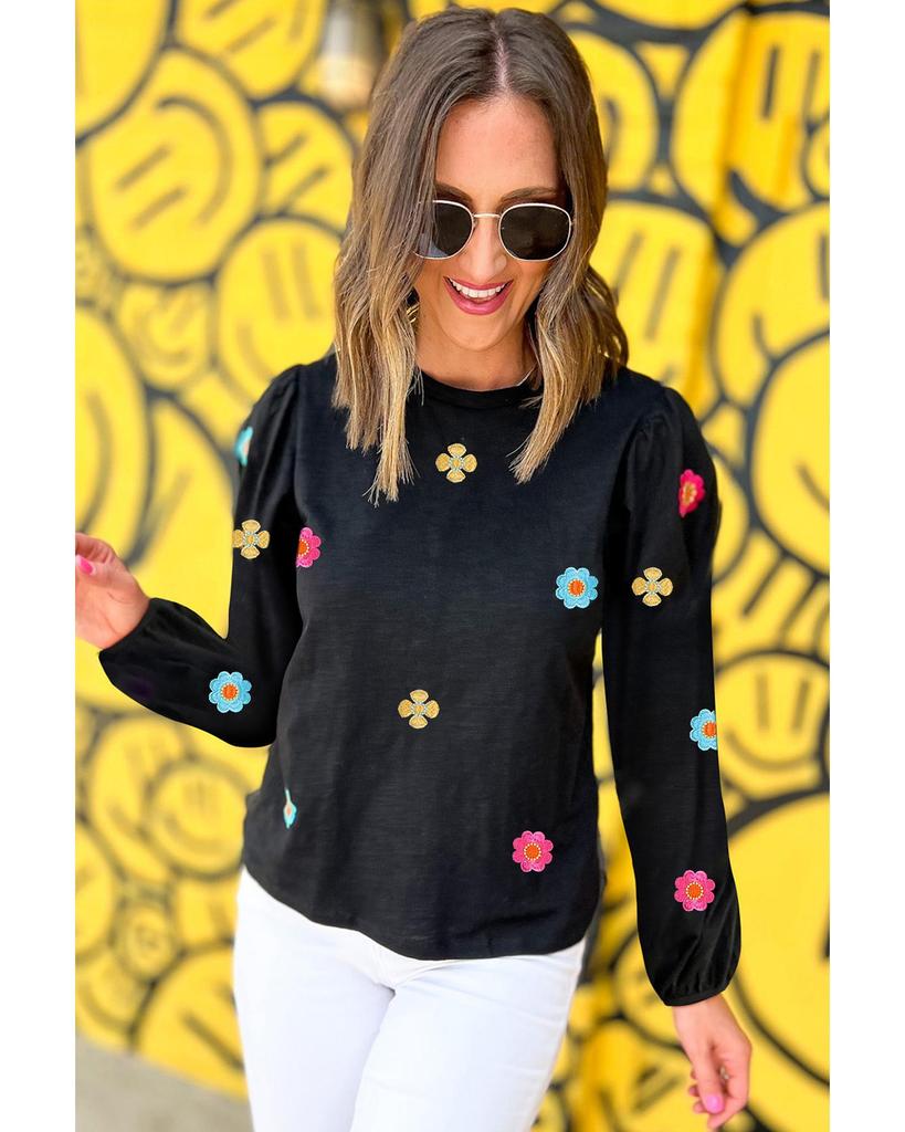 Azura Exchange Black Floral Embroidered Puff Sleeve Top