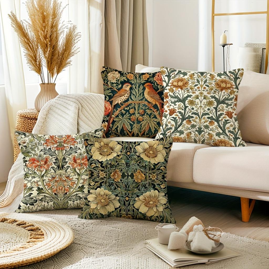 Vintage Flower and Bird Throw Pillow Covers Linen  Zippered Cushion Cases for Farmhouse, Living Room Decor Pillowcases