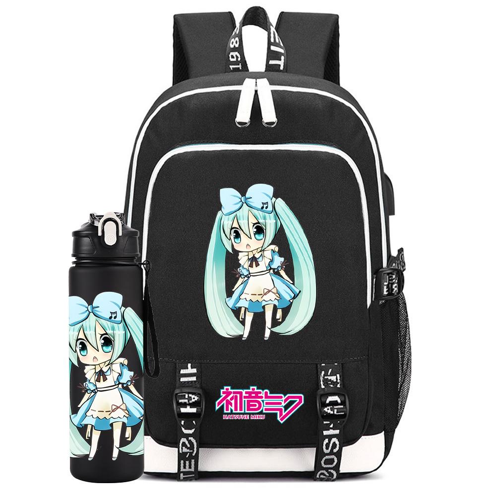 2 ks/sada Anime Hatsune Miku Potisknutý Batoh Velkokapacitní Školní Taška s 750ml Láhví na Vodu na Notebook Student Chlapec Dívka Velkokapacitní Vodotěsná Školní Taška
