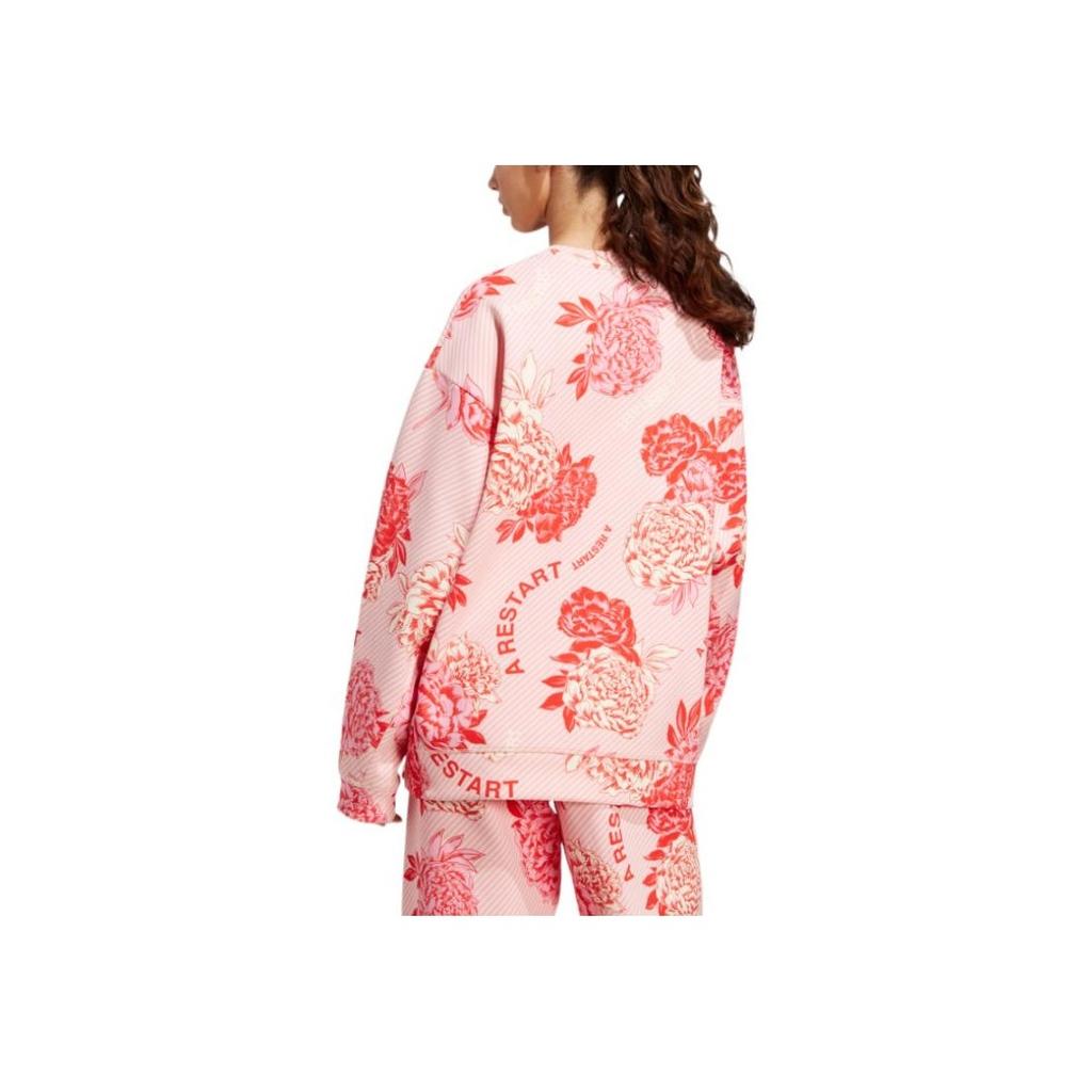 Adidas Floral Print Logo Patch Crew Neck Pullover Sweatshirt Women Tops Pink HR8080
