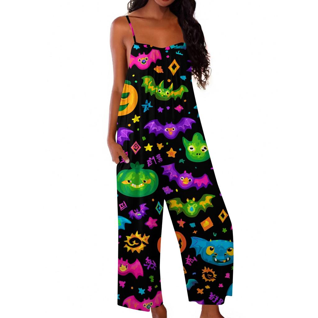 Womens Halloween Print Casual Loose Fit Jumpsuit Spaghetti Strap Wide Leg Romper One Piece Outfit for Everyday Wear