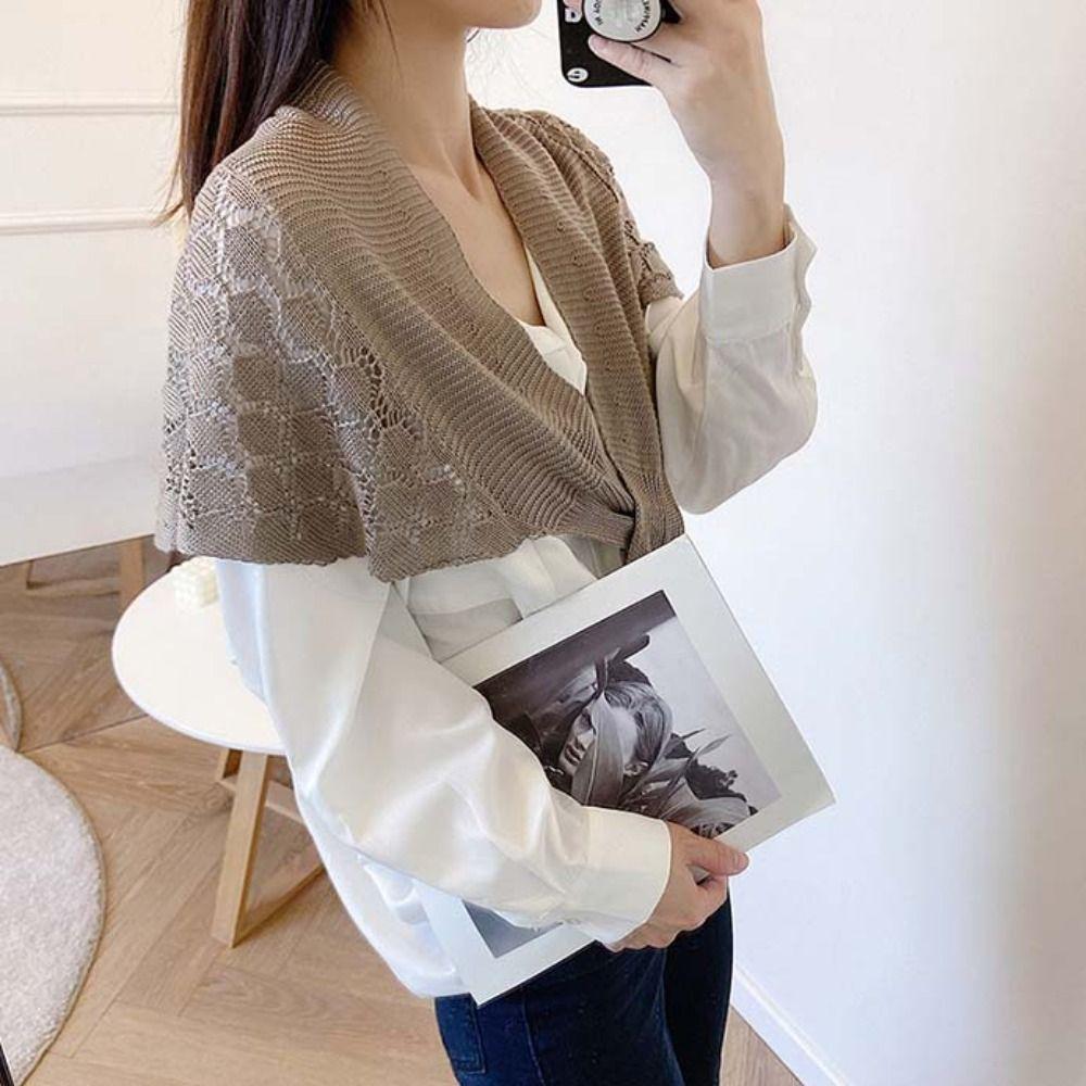 Solid Color Knot Scarves Cross Blouse Shoulder Fake Collar Vintage Knitted Hollow Shawl  Party