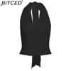 BITCED Summer Women's Solid-Colour Sexy Halterneck Fishbone-Style Crop Top