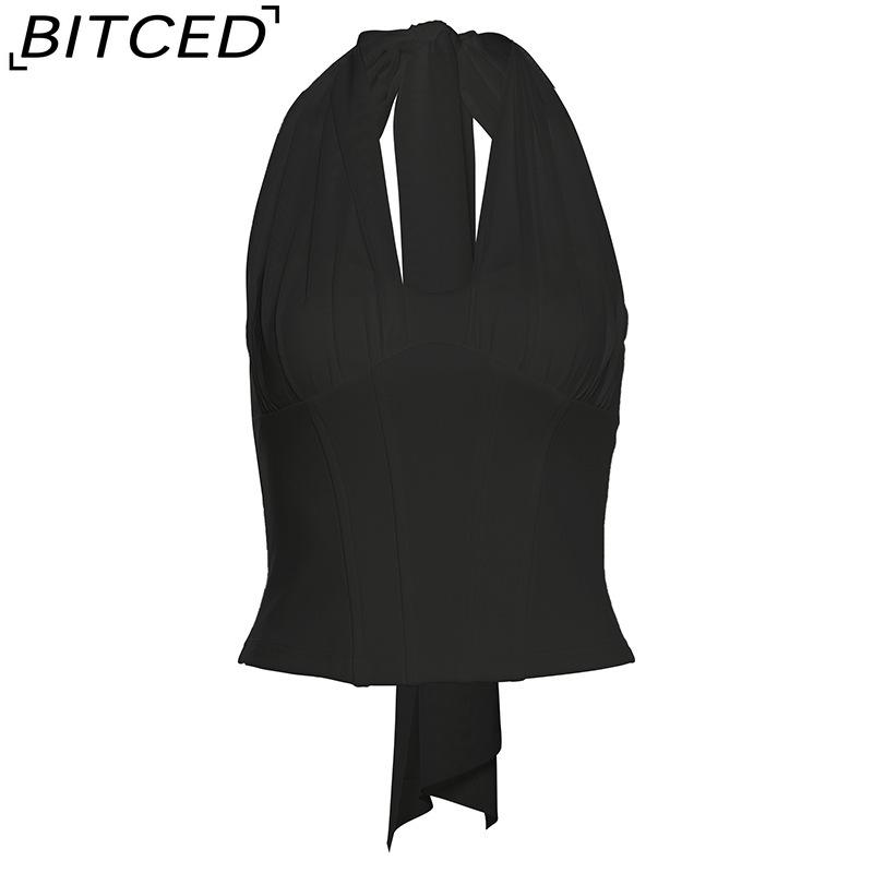 BITCED Summer Women's Solid-Colour Sexy Halterneck Fishbone-Style Crop Top