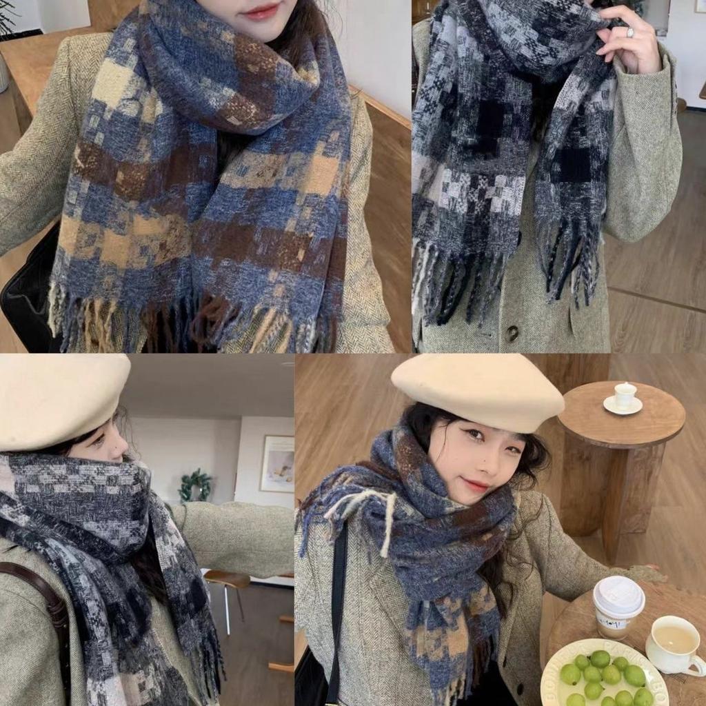 New scarf women's autumn and winter atmosphere plaid fringed warm scarf men's couple thickened long scarf Korean version versatile