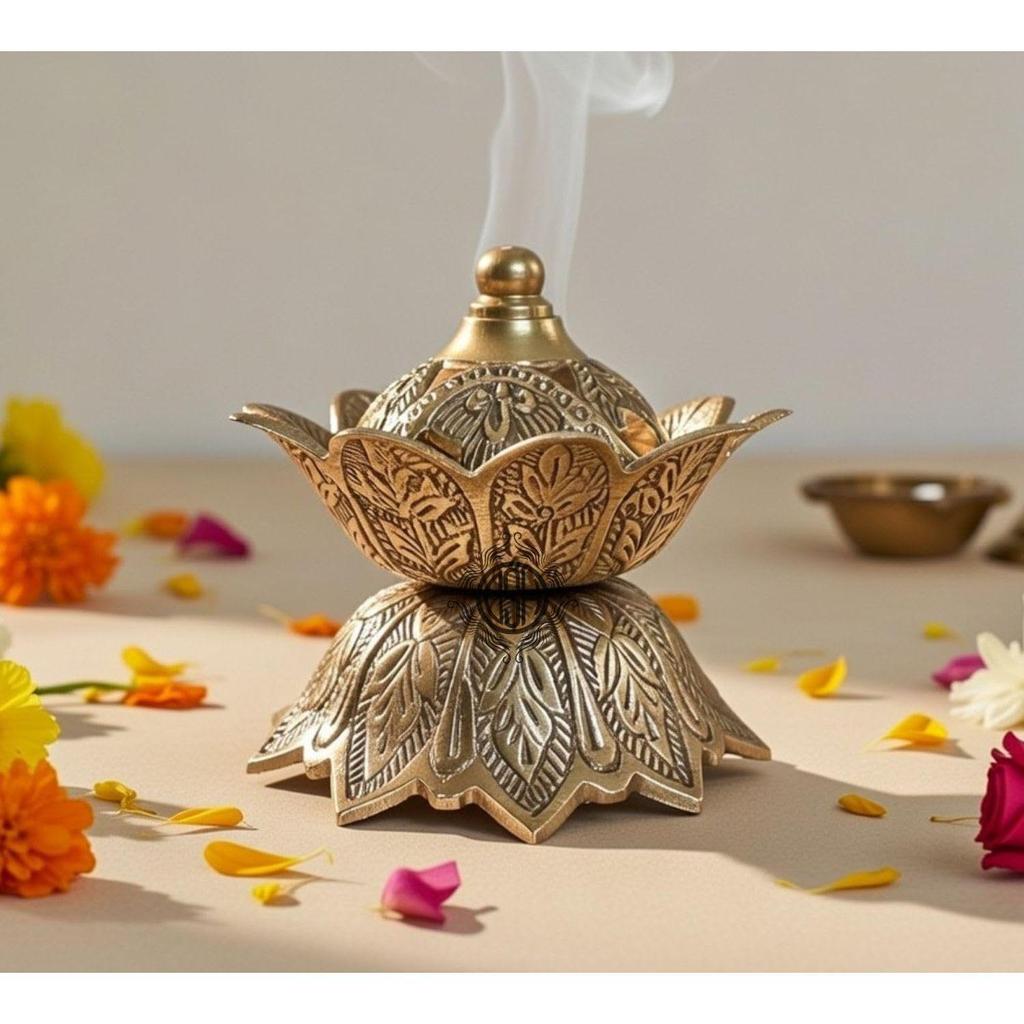 DSH Flower Design Dhoop Dani Brass Dhuna Loban Burner Round Dhooni
