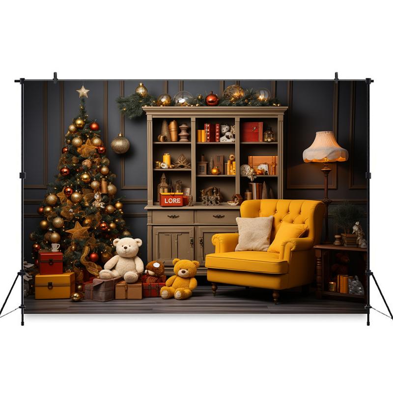 Mocsicka Indoor Christmas Home Photography Backdrop Child Birthday Photo Background Xmas Tree Bear Gifts Sofa Party Decor Banner