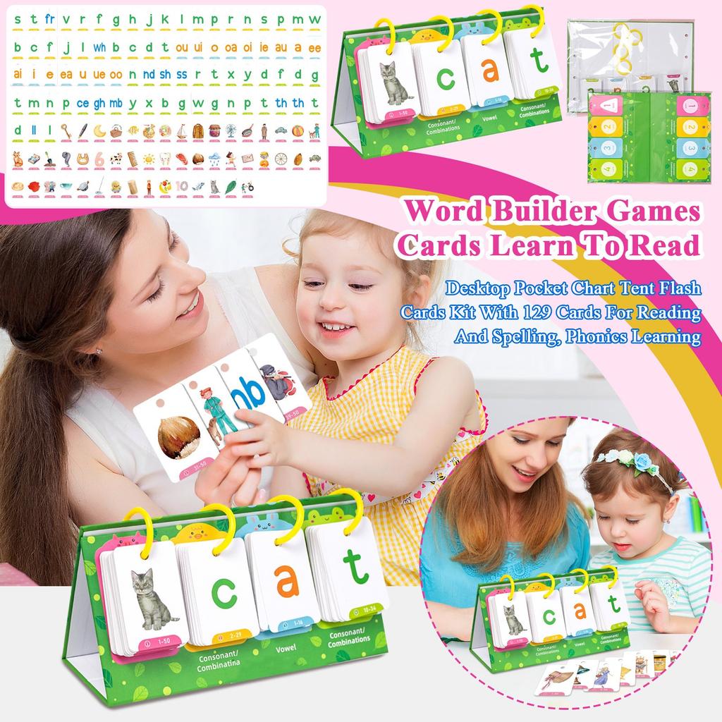 Word Builder Games Cards Learn To Read, Desktop Pocket Chart Tent Flash Cards Kit With 129 Cards For Reading And Spelling, Phonics Learning