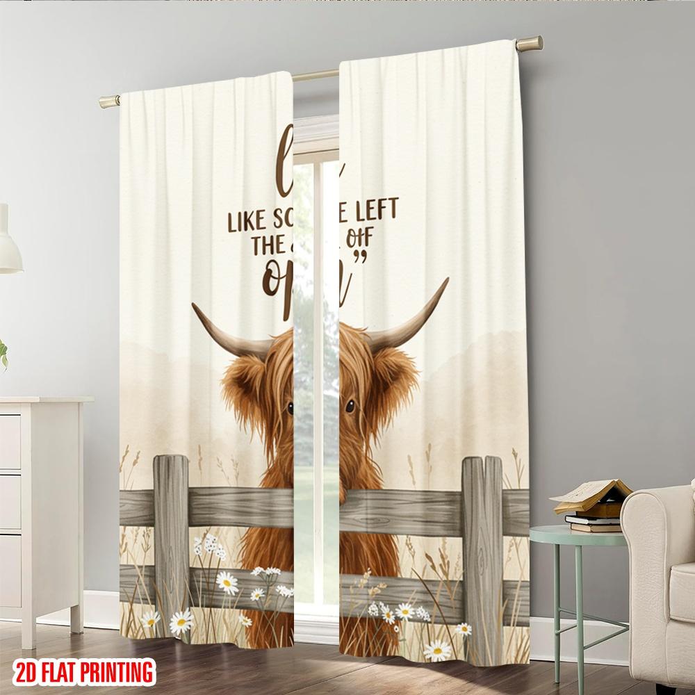 Flat Printing Window Treatment Curtains Highland Cow Gate Open Polyester Fabric Without Electricity Festive Holiday Use Curtain Set Of 2 Made Washable