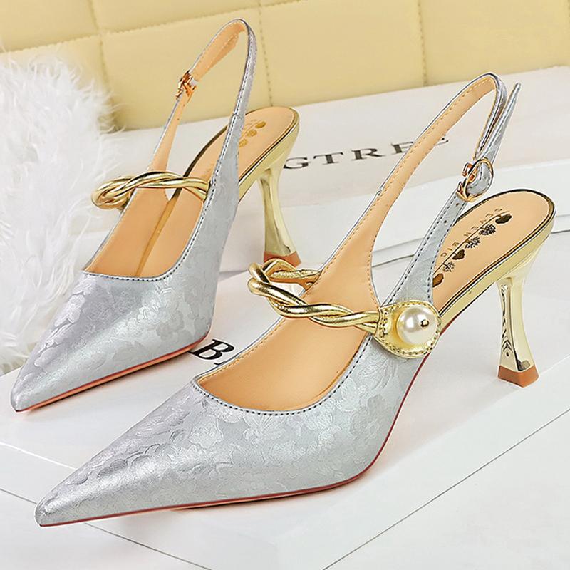 2025 New Ethnic Style Women Pumps Silks Satins High Heels Pointed Hollow Women Sandals Metal Heel Kitten Heels Sexy Party Shoes