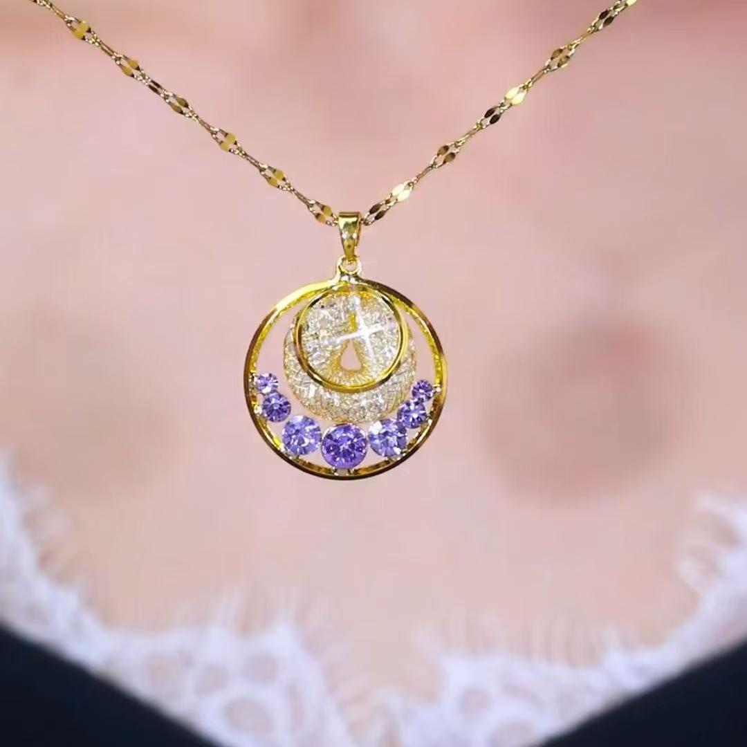Circular Purple Zircon Pendant Necklace Trendy Titanium Steel Luxurious Gala Evening Jewelry золотой
