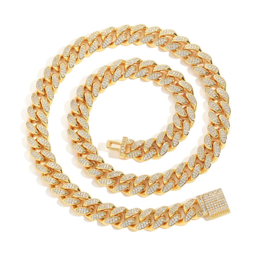BES 12mm Wide Cuban Link Chain Bracelet Necklace Hip Hop Personality Trend Hip Hop Brass Zircon Miami Cuban Chain Jewelry