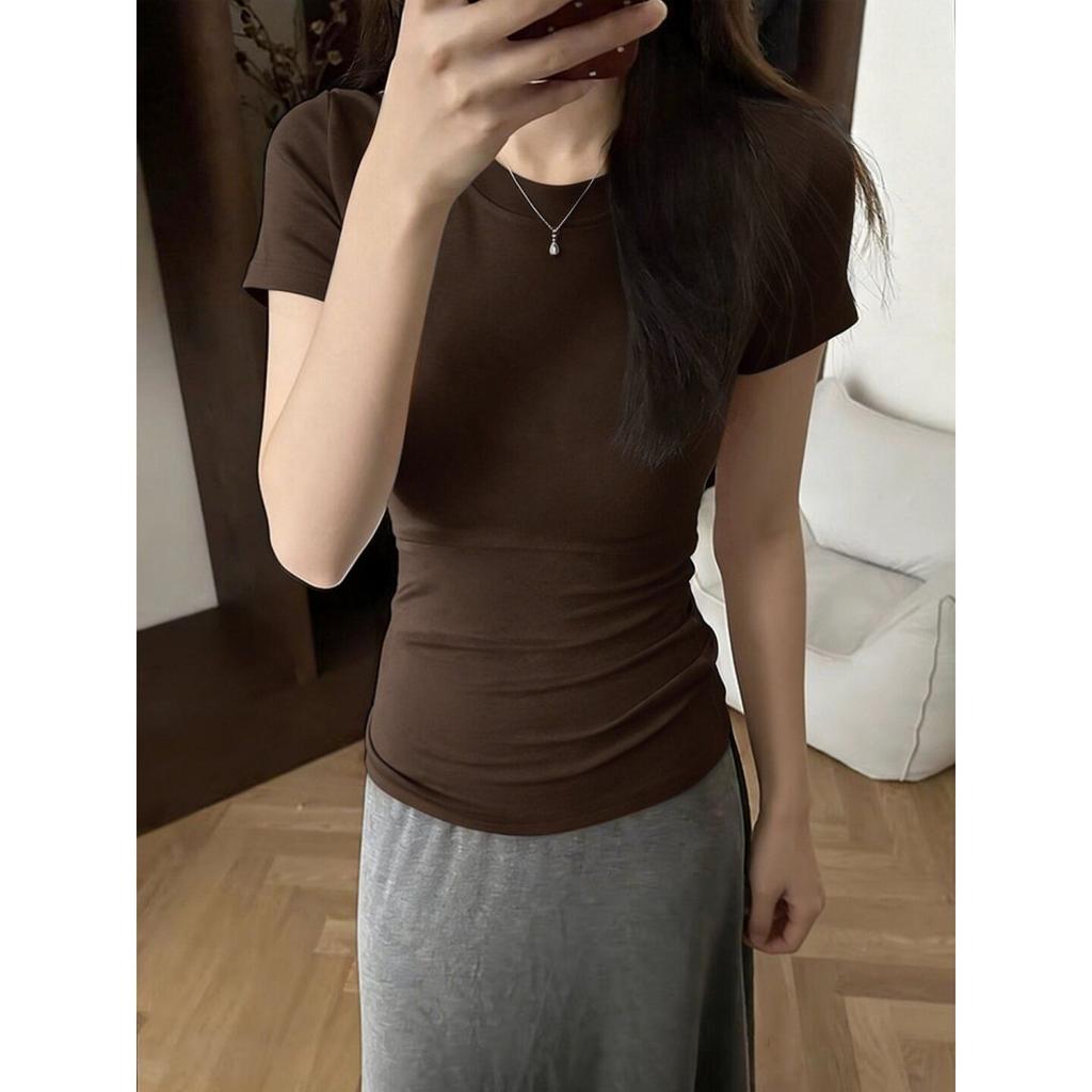 Spring and Summer American Front Shoulder Small Crew Neck Short Sleeve Slim Fit Stacked Wear Mid Waist Skin-friendly Versatile Tights T-Shirt Women