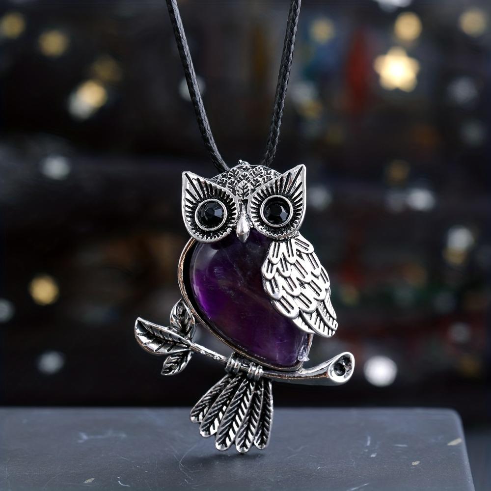 1pc JXMYBA Artificial Crystal Owl Pendant Necklace, Amethyst Rose Quartz Faux Gemstone Lucky Jewelry, Women'S Handmade Stone Pendant with Artificial F