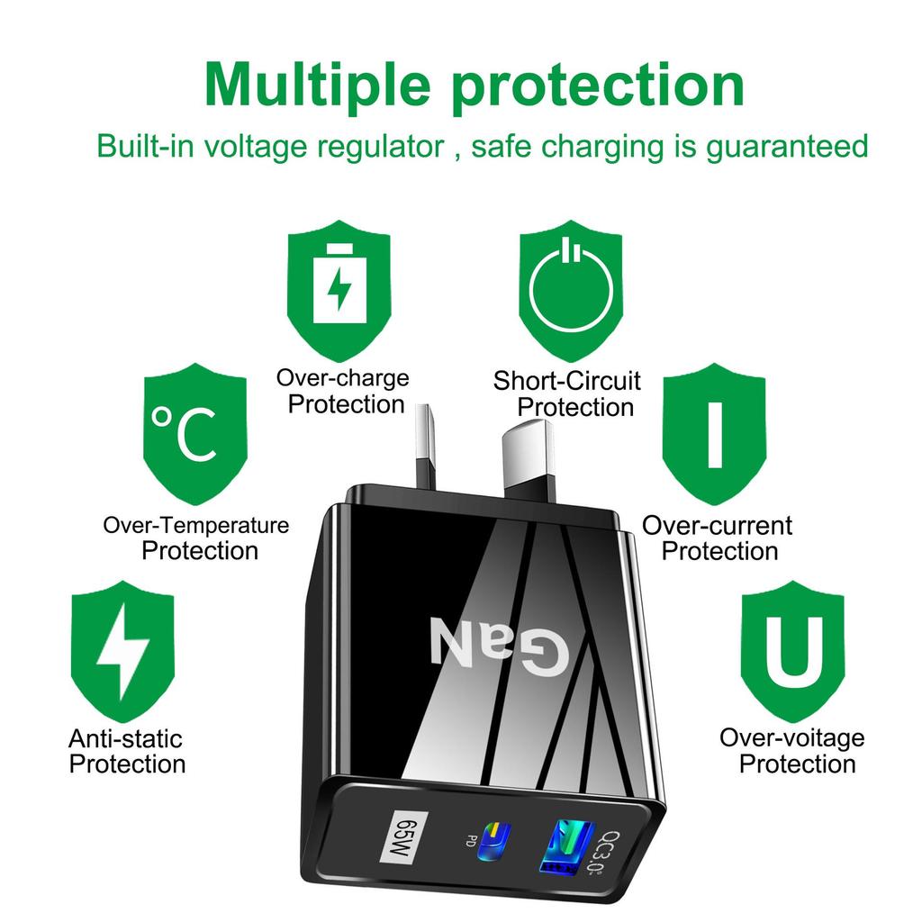 GaN 33W USB Fast Charger: QC 3.0 & PD, US/EU/UK Plug, Ideal for Mobile Phones