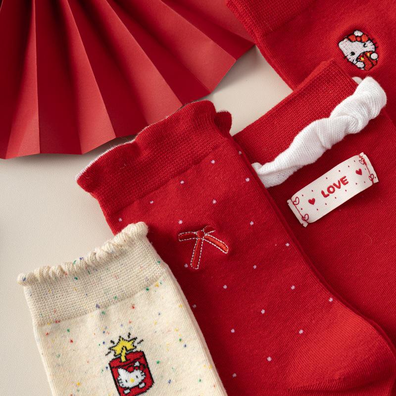 New Year Women's Lucky Red Cat Mid-Calf Socks Gift Box Set