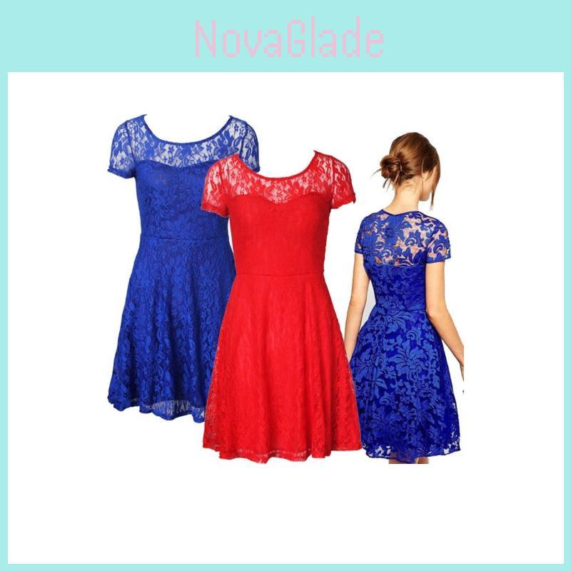 Elegante Nuovo Vestito Mini Floreale in Pizzo a Maniche Corte per Donna, da Cocktail, Sera, Festa