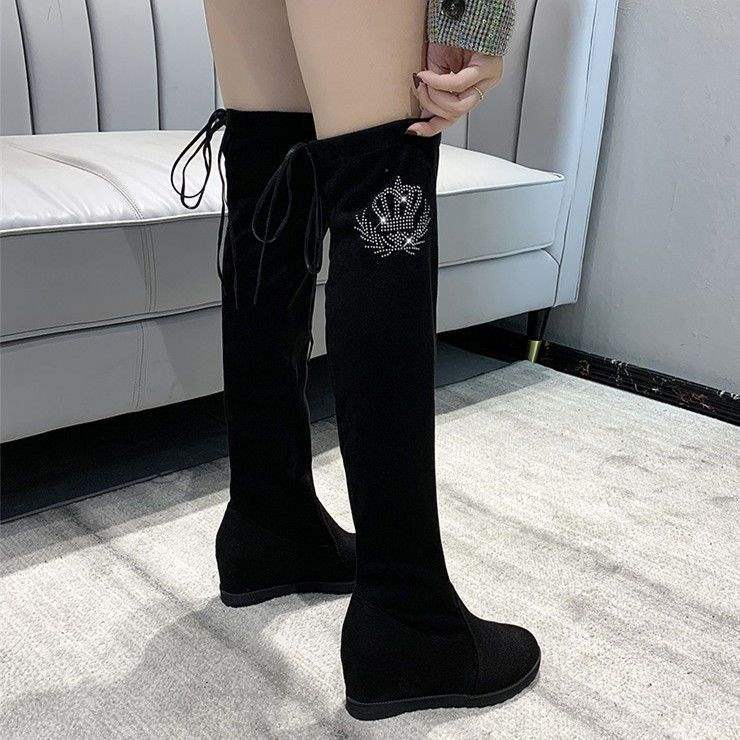 Boots Women's inner knee height increase 2025 autumn and winter new flat-bottomed boots Skinny elastic cloth boots Fleece boots
