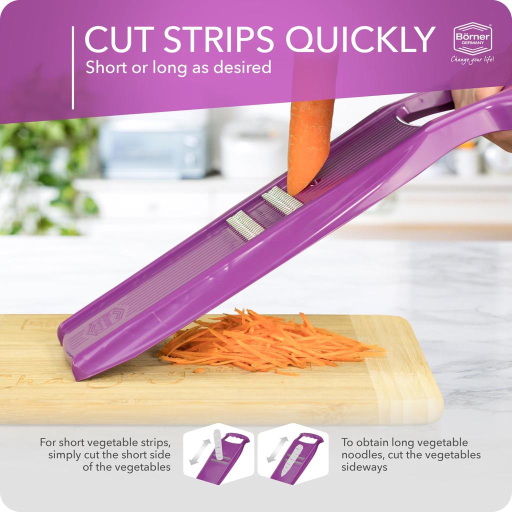 Julienne Slicer Roko PowerLine Purple Fruit Vegetable Mandolin Cutter with Premium Blade for Perfect Strips Börner &