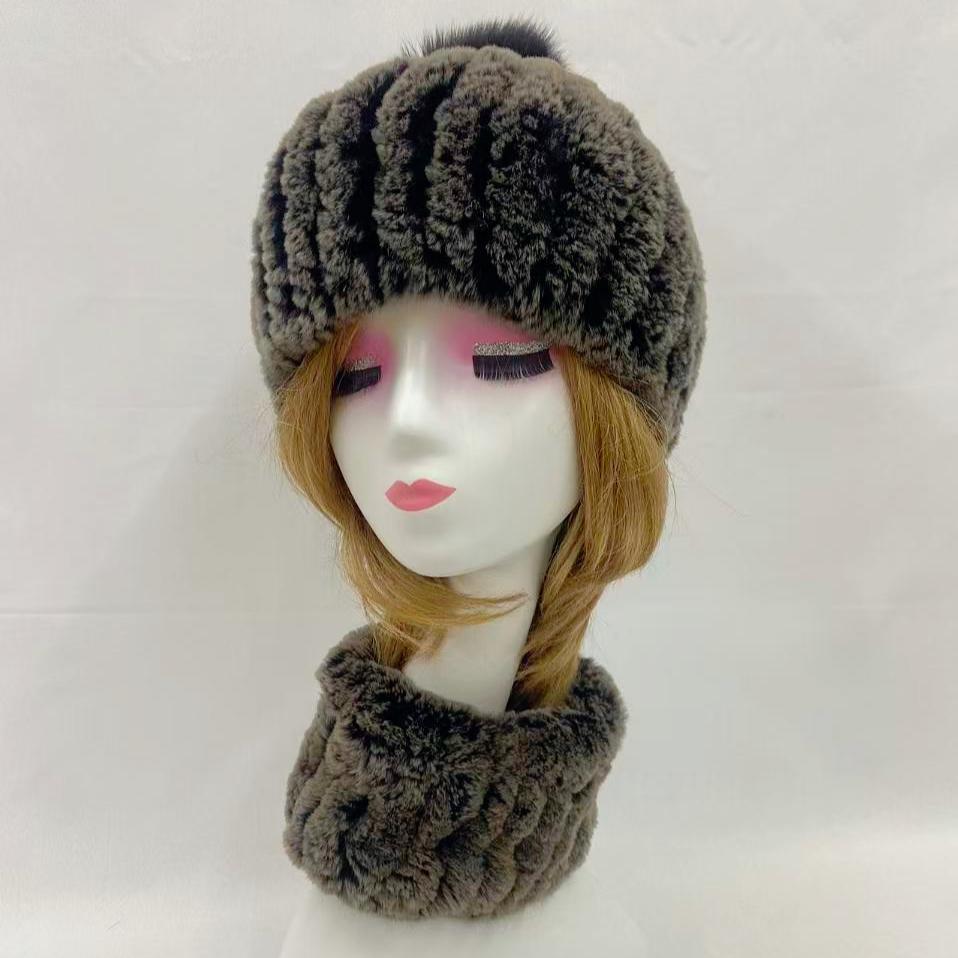 Winter Fur Hats and Scarf Set for Women Soft Warm Elastic Rabbit Fur Sets