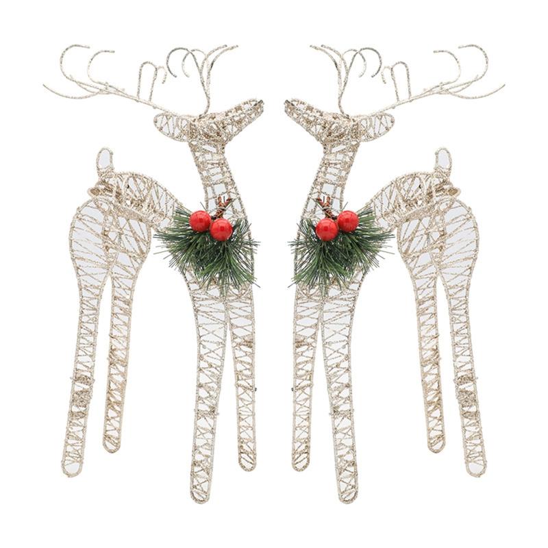 Christmas Wrought Iron Elk Ornament 1 Pair Red Berry Pine Needles Glitter Sequins for Home Decor Bedroom Living Room Decor
