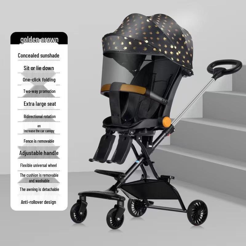 Cărucior pliabil bidirecțional cu șasiu înalt pentru bebeluș, cu patru roți