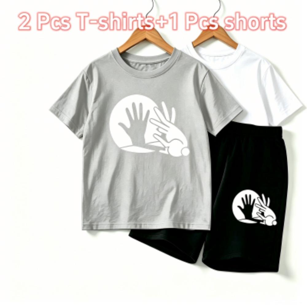 Rabbit Shadow Print Outdoor Street Kids T-shirt and Shorts Summer Home Casual Outfit Boy and Girl's Sports Set