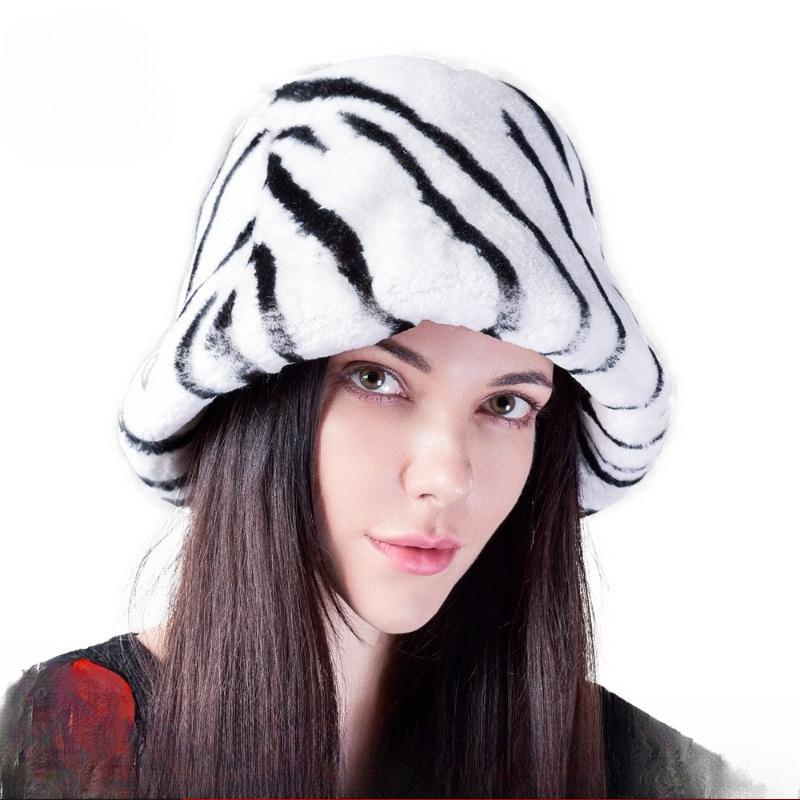 Rex Rabbit Hair Zebra Striped Bucket Hat Female Autumn and Winter Washbasin Hat Big Head Circumference Covering Face Fisherman Fur Hat