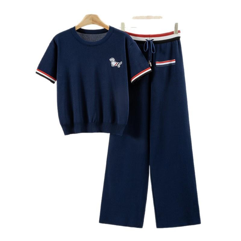 Neuer Sommer Einfacher Rundhals Patchwork Welpe Gestrickt Kurzärmelig Lässig Lange Hose Zweiteiler