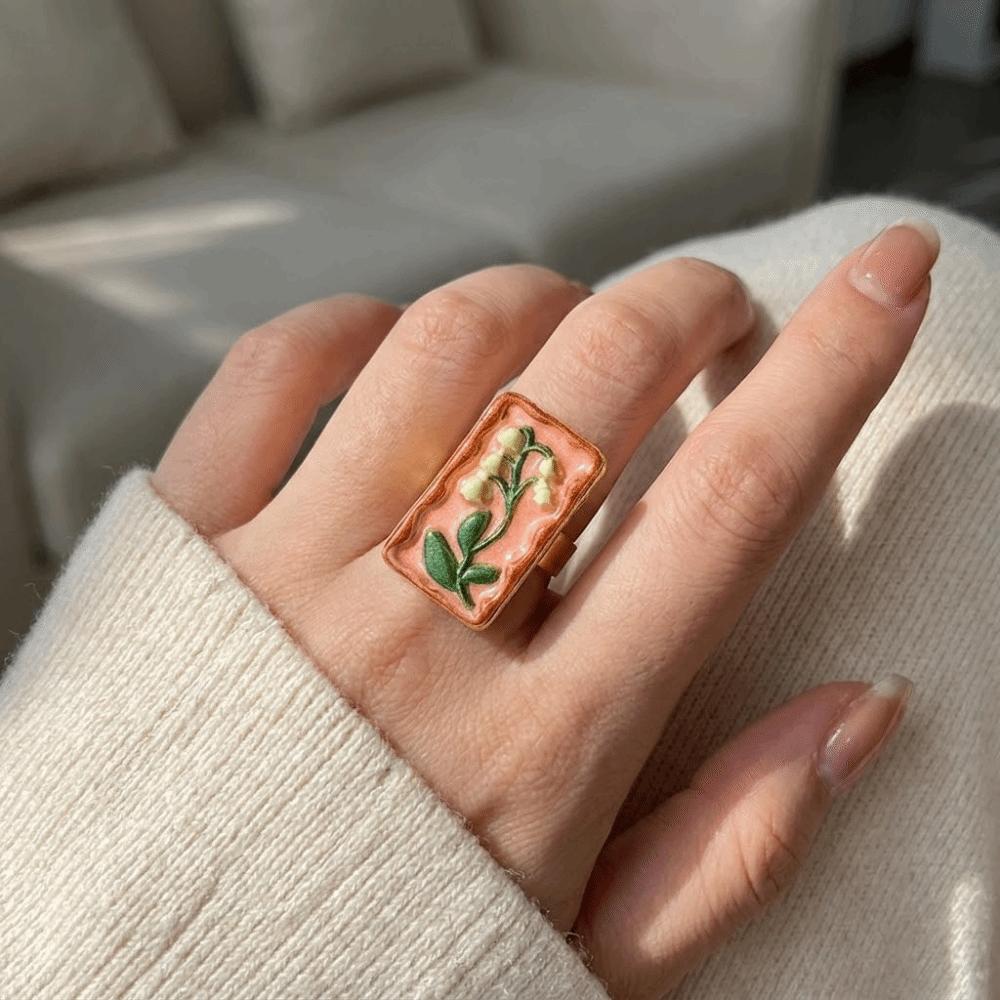Pomegranate Printing Colorful Enamel Flower Ring Photo Frame Adjustable Size Ethnic Style Ring Enamel Drip Irregular Rotundity