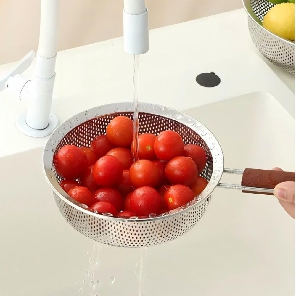 Wooden Handle Fine Mesh Strainer Easy To Clean Stainless Steel Colander For Kitchen Cooking