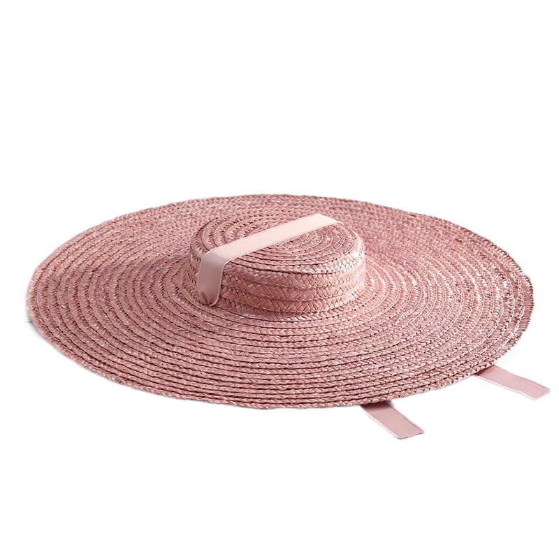 Cappello di Paglia a Tesa Larga 15cm con Parte Superiore Piatta Cappelli Estivi da Spiaggia per Donna Cappello Boater con Nastro Cappello da Sole Grigio Nero Rosso Rosa Blu Con Laccetto Sottogola