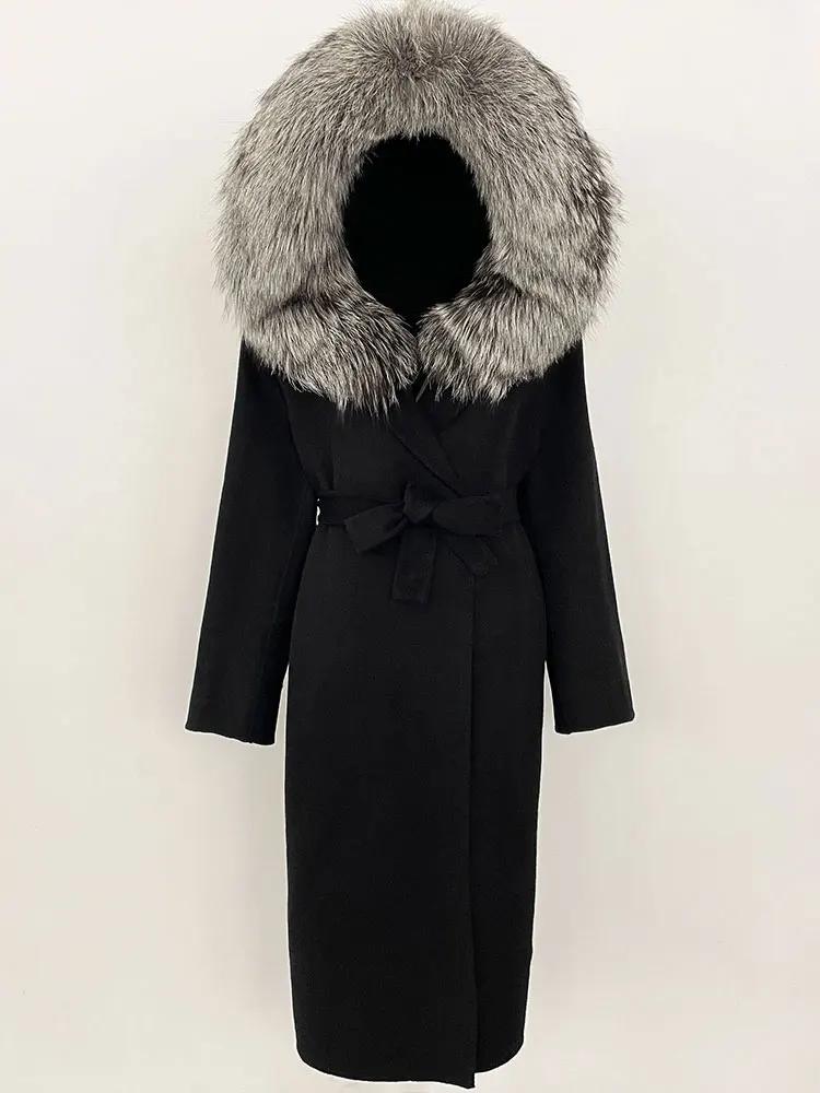 OFTBUY Winter Women Coat Real Natural Fox Fur Hooded Detachable Collar Double-faced Woolen Jacket Long Casual Elegant Overwears