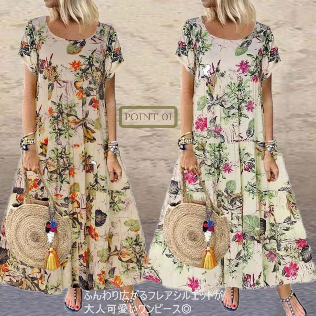Nibunnoichi Style Botanical Floral Print Puff Resort [1/2style] Dress, Long, Casual, Sleeves, Style, Women's (Khaki, L)