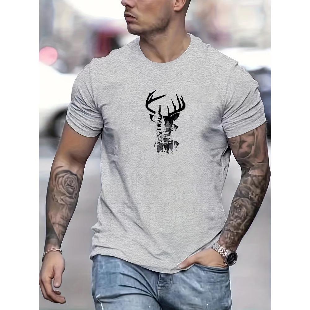 Men's Summer 100%  Fashionable Casual Loose Sports Deer Head Pattern Printed Round Neck Short Sleeved T-shirt Top