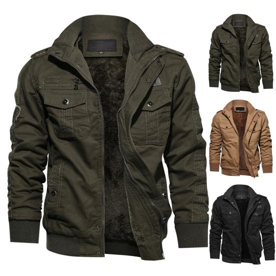 Men Bomber Jacket Plush Lining Multi Pockets Solid Color Zipper Closure Coldproof Autumn Winter Cargo Coat Windbreaker Streetwear
