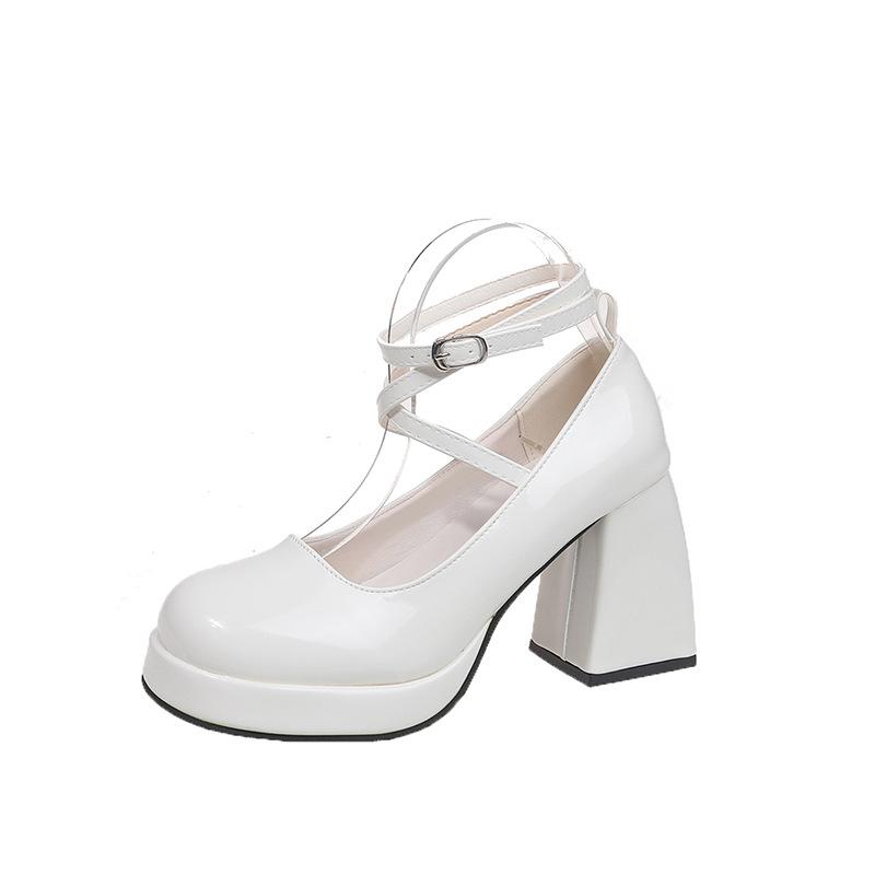 High heels women's wedding shoes with Mary Jane shoes waterproof table thick heel single shoes beige temperament bridesmaid shoes