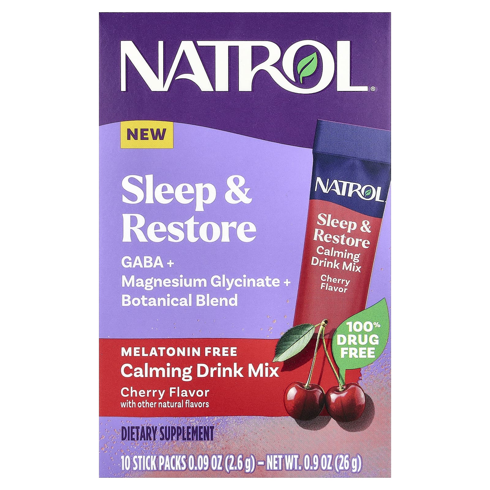 

Sleep & Restore, Calming Drink Mix, Melatonin Free, Cherry, 10 Stick Packs, 2.6G (0.09Oz) Each