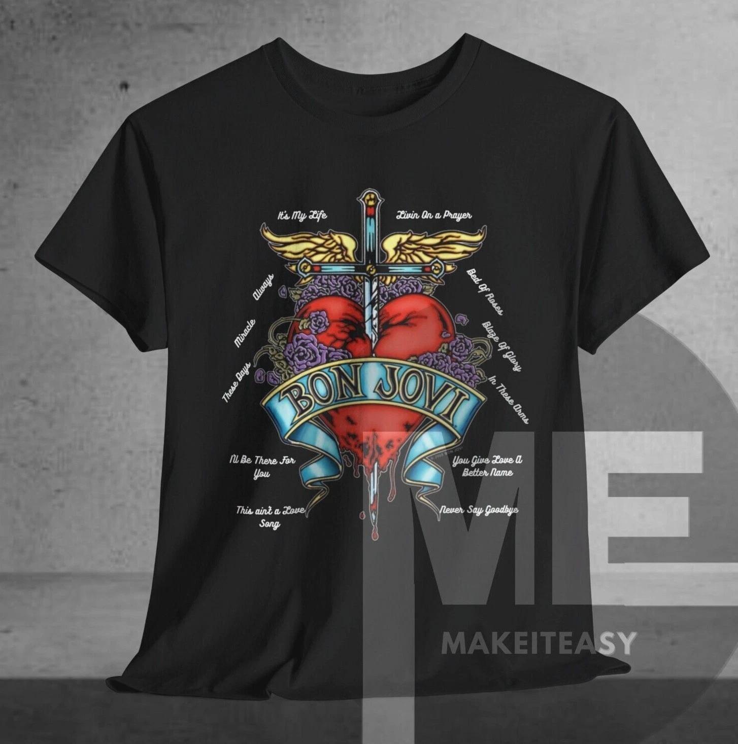 Men s and Women s T-shirts Bon Jovi Songs Pierced Heart Tattoo T-shirt Tee Band Album Fan gift XS