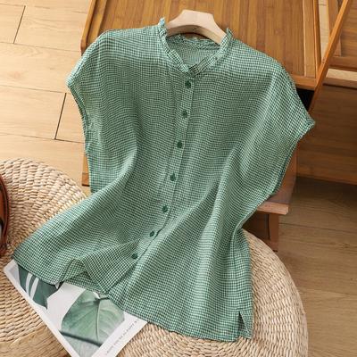 Summer Art Retro Lace Collar Breathable Plaid Shoulder Down Small Shirt Short Sleeve Top for Women T-Shirts Women’s