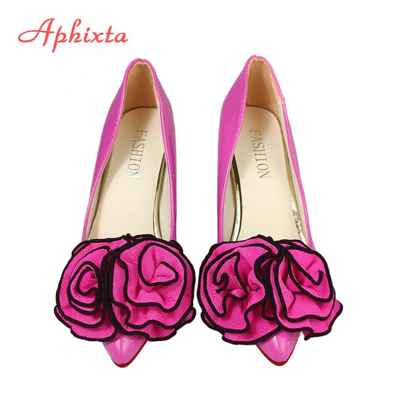 Fashion Aphixta Fashion Hot Sale Big Rose Flowers 7cm Chunky Heels Pumps Women Shoes Pointed Toe Appliques Pumps Super Big Size 35-53