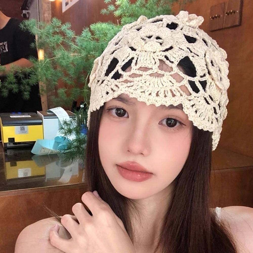 Bohemian Style Hollowed Out Beanie Cap Handmade Woven Cap Retro Crochet Flower Knitted Hat  Outdoor