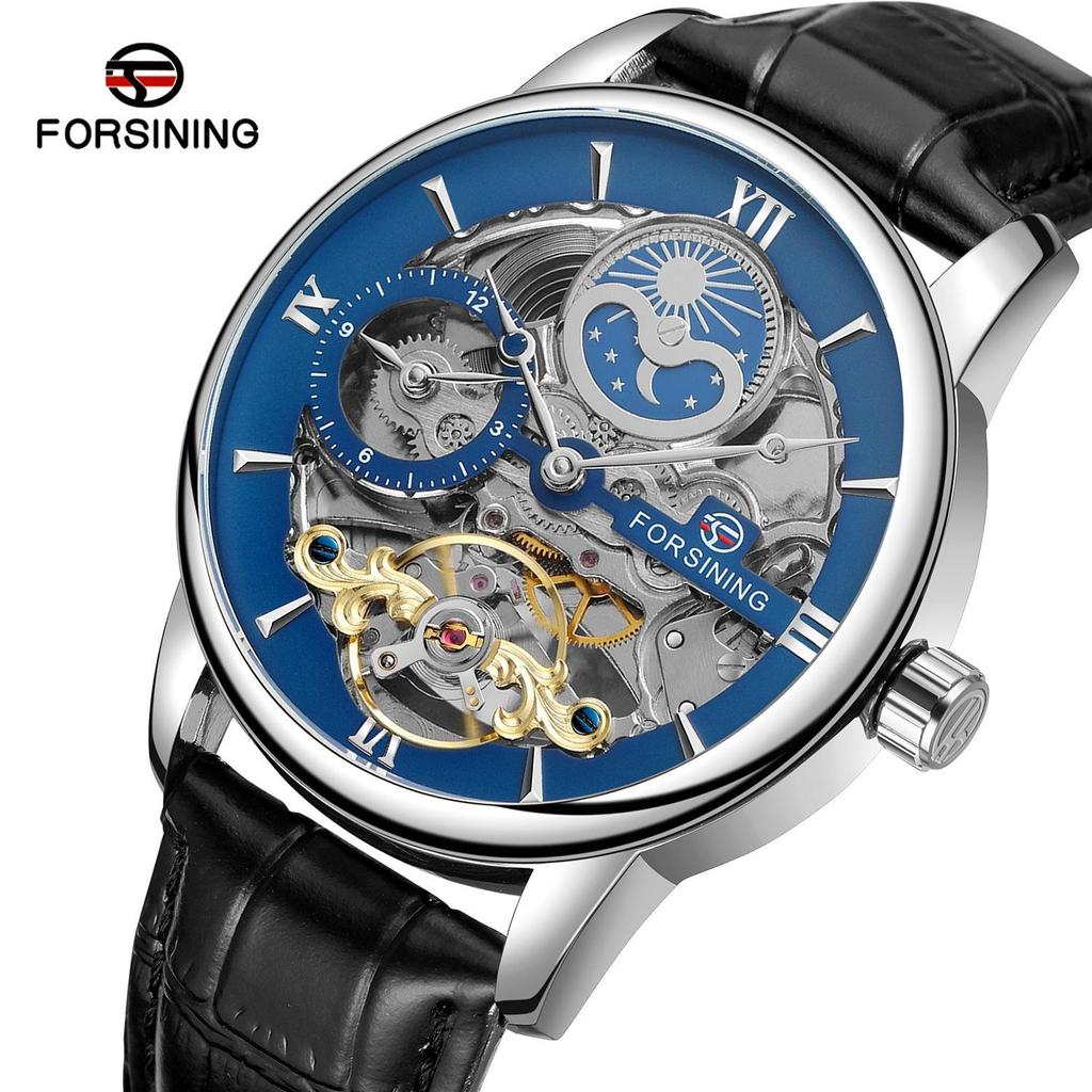 FORSINING Men's Luxury Automatic Mechanical Watch Leather Strap Automatic Tourbillon Hollow Mechanical Watch