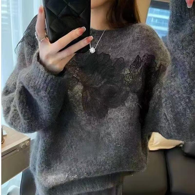Pullover mit französischer Spitze und hohlen Blumen für Damen im Herbst und Winter, lockeres Strickoberteil-Design für Damenbekleidung